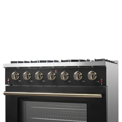 FORNO Galiano 36" 5.36 cu. ft. Gas Range with 6 Sealed Burners in Black with Antique Brass Accents, FFSGS6244-36BLK