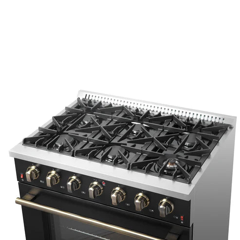 FORNO Galiano 36" 5.36 cu. ft. Gas Range with 6 Sealed Burners in Black with Antique Brass Accents, FFSGS6244-36BLK