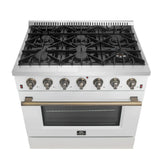 FORNO Galiano 36" 5.36 cu. ft. Gas Range with 6 Sealed Burners in White with Antique Brass Accents, FFSGS6244-36WHT