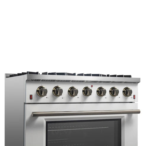 FORNO Galiano 36" 5.36 cu. ft. Gas Range with 6 Sealed Burners in White with Antique Brass Accents, FFSGS6244-36WHT