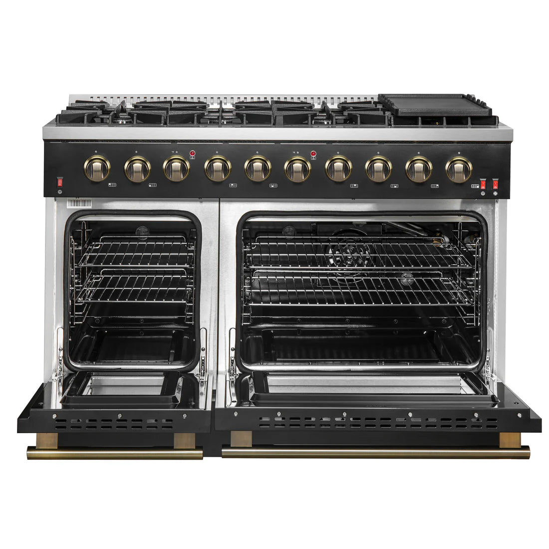 FORNO Galiano 48" 6.58 cu. ft. Gas Range with 8 Sealed Burners and Griddle in Black with Antique Brass Accents, FFSGS6244-48BLK