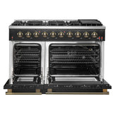 FORNO Galiano 48" 6.58 cu. ft. Gas Range with 8 Sealed Burners and Griddle in Black with Antique Brass Accents, FFSGS6244-48BLK
