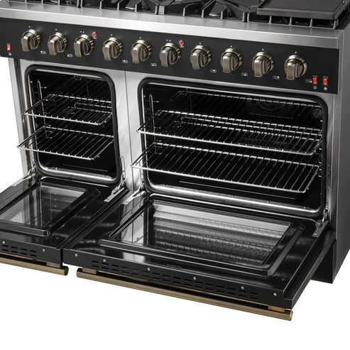 FORNO Galiano 48" 6.58 cu. ft. Gas Range with 8 Sealed Burners and Griddle in Black with Antique Brass Accents, FFSGS6244-48BLK