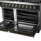 FORNO Galiano 48" 6.58 cu. ft. Gas Range with 8 Sealed Burners and Griddle in Black with Antique Brass Accents, FFSGS6244-48BLK