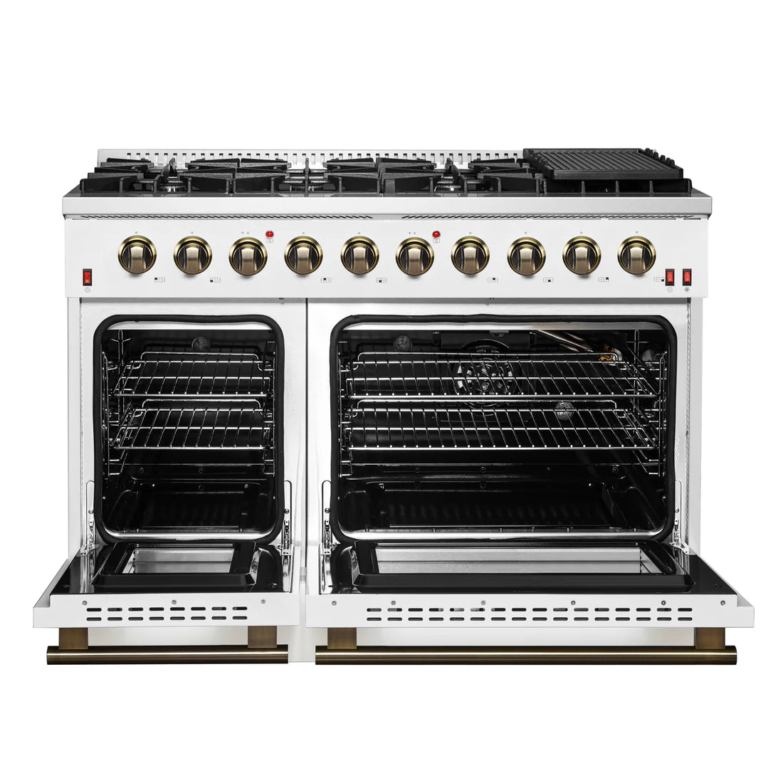 FORNO Galiano 48" 6.58 cu. ft. Gas Range with 8 Sealed Burners and Griddle in White with Antique Brass Accents, FFSGS6244-48WHT