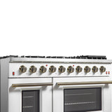 FORNO Galiano 48" 6.58 cu. ft. Gas Range with 8 Sealed Burners and Griddle in White with Antique Brass Accents, FFSGS6244-48WHT