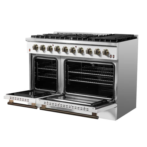 FORNO Galiano 48" 6.58 cu. ft. Gas Range with 8 Sealed Burners and Griddle in White with Antique Brass Accents, FFSGS6244-48WHT