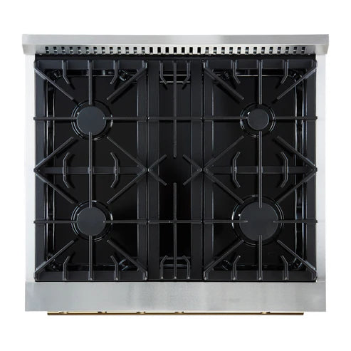 FORNO Marco 30" 4.32 cu.ft. Gas Range with 4 Burners and Temperature Gauge in Black with Antique Brass Accents, FFSGS6277-30BLK