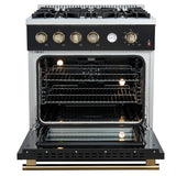 FORNO Marco 30" 4.32 cu.ft. Gas Range with 4 Burners and Temperature Gauge in Black with Antique Brass Accents, FFSGS6277-30BLK