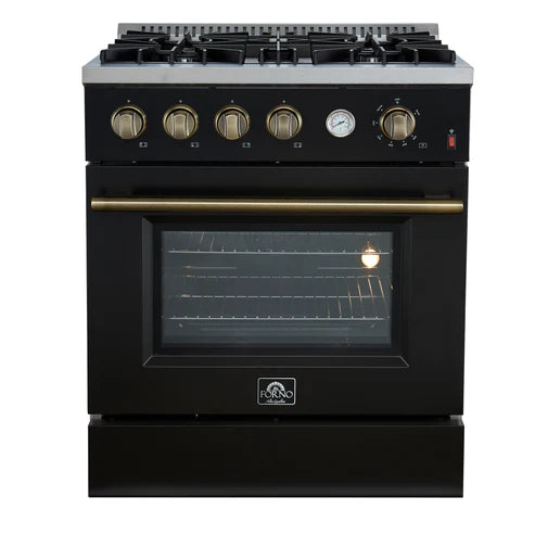 FORNO Marco 30" 4.32 cu.ft. Gas Range with 4 Burners and Temperature Gauge in Black with Antique Brass Accents, FFSGS6277-30BLK