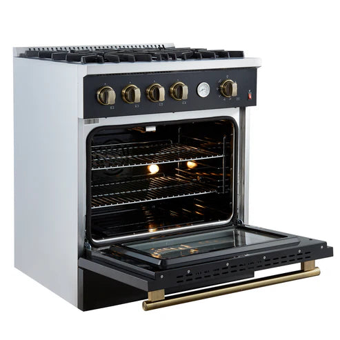 FORNO Marco 30" 4.32 cu.ft. Gas Range with 4 Burners and Temperature Gauge in Black with Antique Brass Accents, FFSGS6277-30BLK