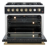 FORNO Marco 36" 5.36 cu.ft. Gas Range with 6 Burners and Temperature Gauge in Black with Antique Brass Accents, FFSGS6277-36BLK