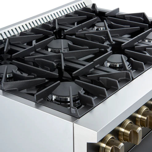 FORNO Marco 36" 5.36 cu.ft. Gas Range with 6 Burners and Temperature Gauge in Black with Antique Brass Accents, FFSGS6277-36BLK