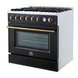 FORNO Marco 36" 5.36 cu.ft. Gas Range with 6 Burners and Temperature Gauge in Black with Antique Brass Accents, FFSGS6277-36BLK