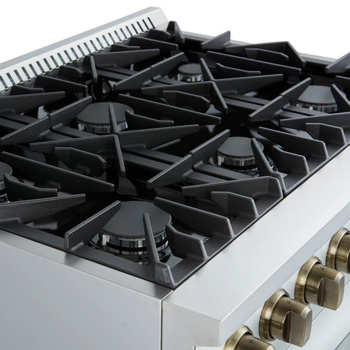 FORNO Marco 36" 5.36 cu.ft. Gas Range with 6 Burners and Temperature Gauge in White with Antique Brass Accents, FFSGS6277-36WHT