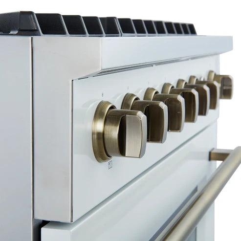 FORNO Marco 36" 5.36 cu.ft. Gas Range with 6 Burners and Temperature Gauge in White with Antique Brass Accents, FFSGS6277-36WHT