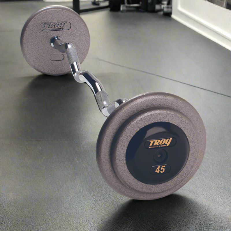 TROY HZB-R Pro Style Curl Barbell Set - Hammer-tone Gray / Rubber End Caps
