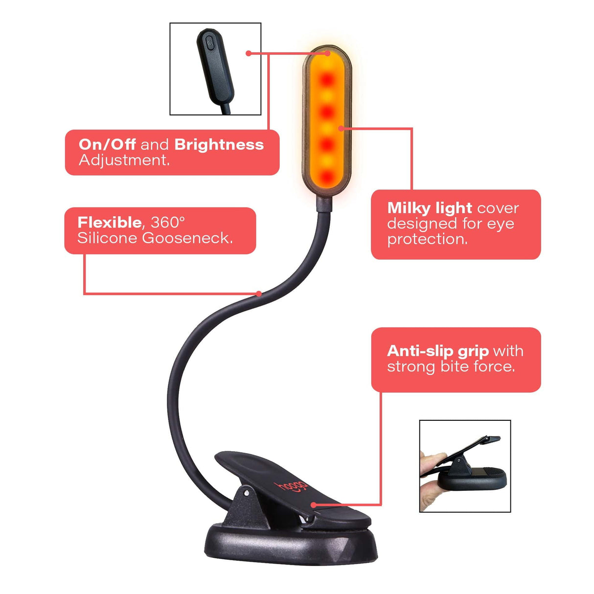 Hooga Amber & Red Clip-On Book Light