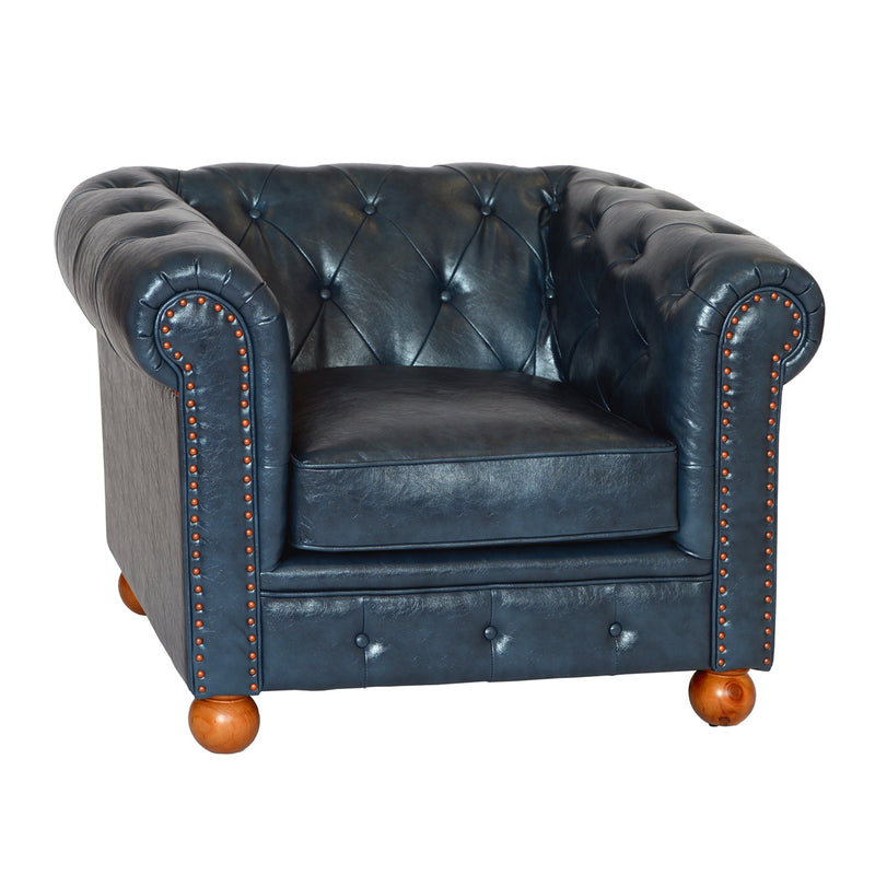 Winston Antique Blue Bonded Leather Chair – Elegant Tufted Sofa Chair for Luxurious Living Spaces