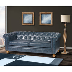 Winston Antique Blue Bonded Leather Sofa - Elegant Tufted Back Design for Luxurious Living Spaces