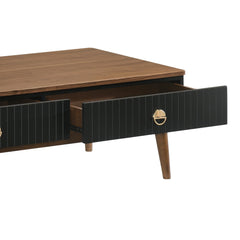 Amigo Black Veneer Coffee Table with Walnut Accents – Soft-Close Drawers & Easy Assembly Solution