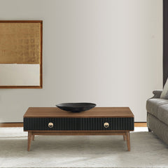 Amigo Black Veneer Coffee Table with Walnut Accents – Soft-Close Drawers & Easy Assembly Solution
