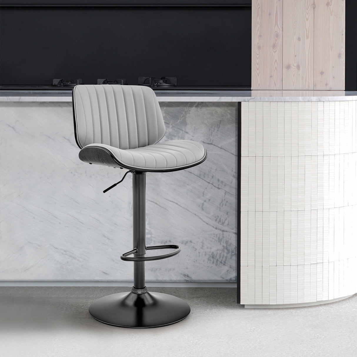 Brock Adjustable Faux Leather Bar Stool with 360-Degree Swivel and Walnut Wood for Ultimate Comfort