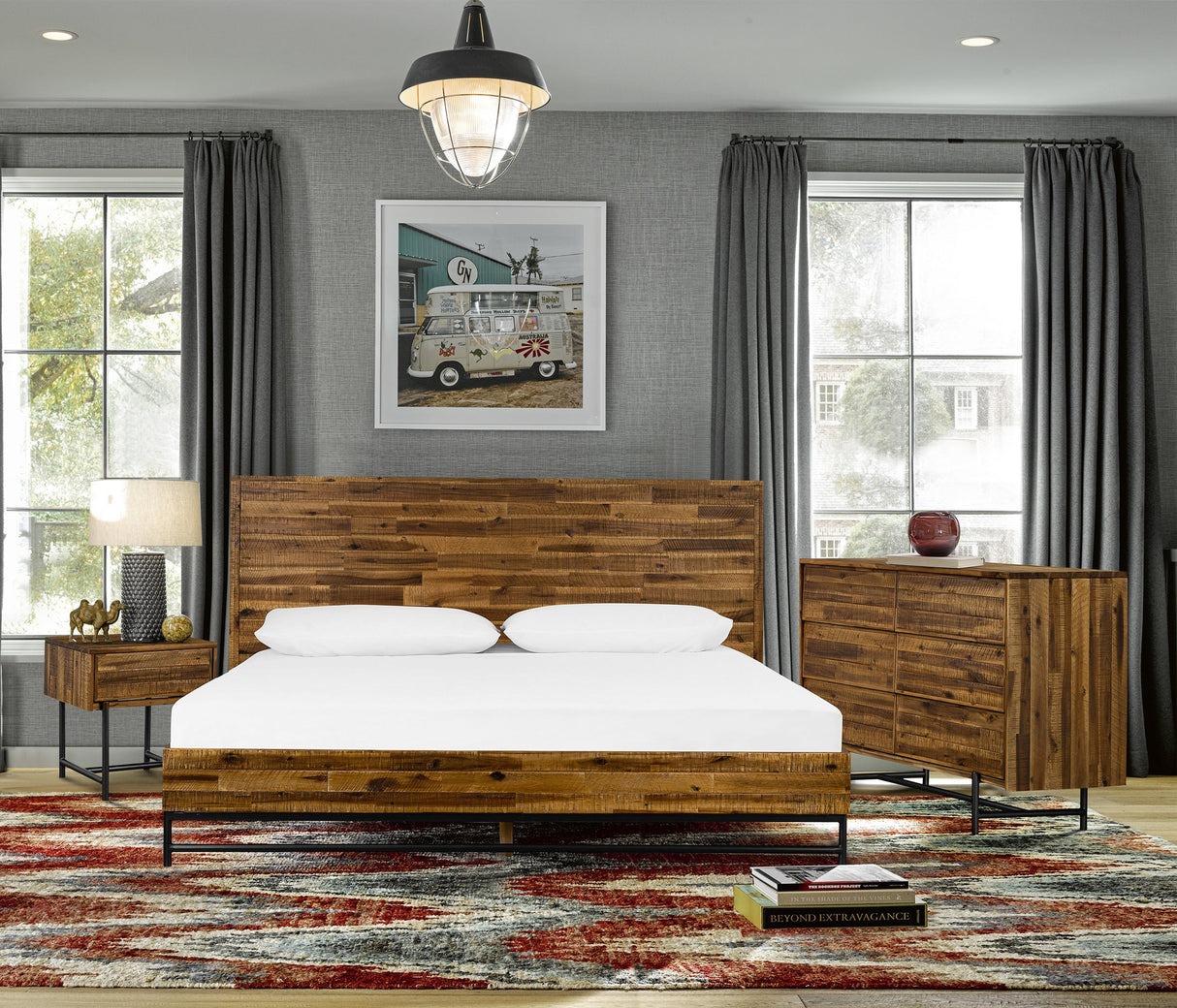 Cusco Rustic Acacia King Bed with Metal Accents - Stylish, Cozy Design, No Box Spring Required