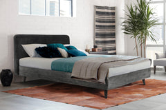 Mohave Mid-Century Tundra Gray Acacia Platform Bed with Upholstered Headboard for Stylish Bedrooms