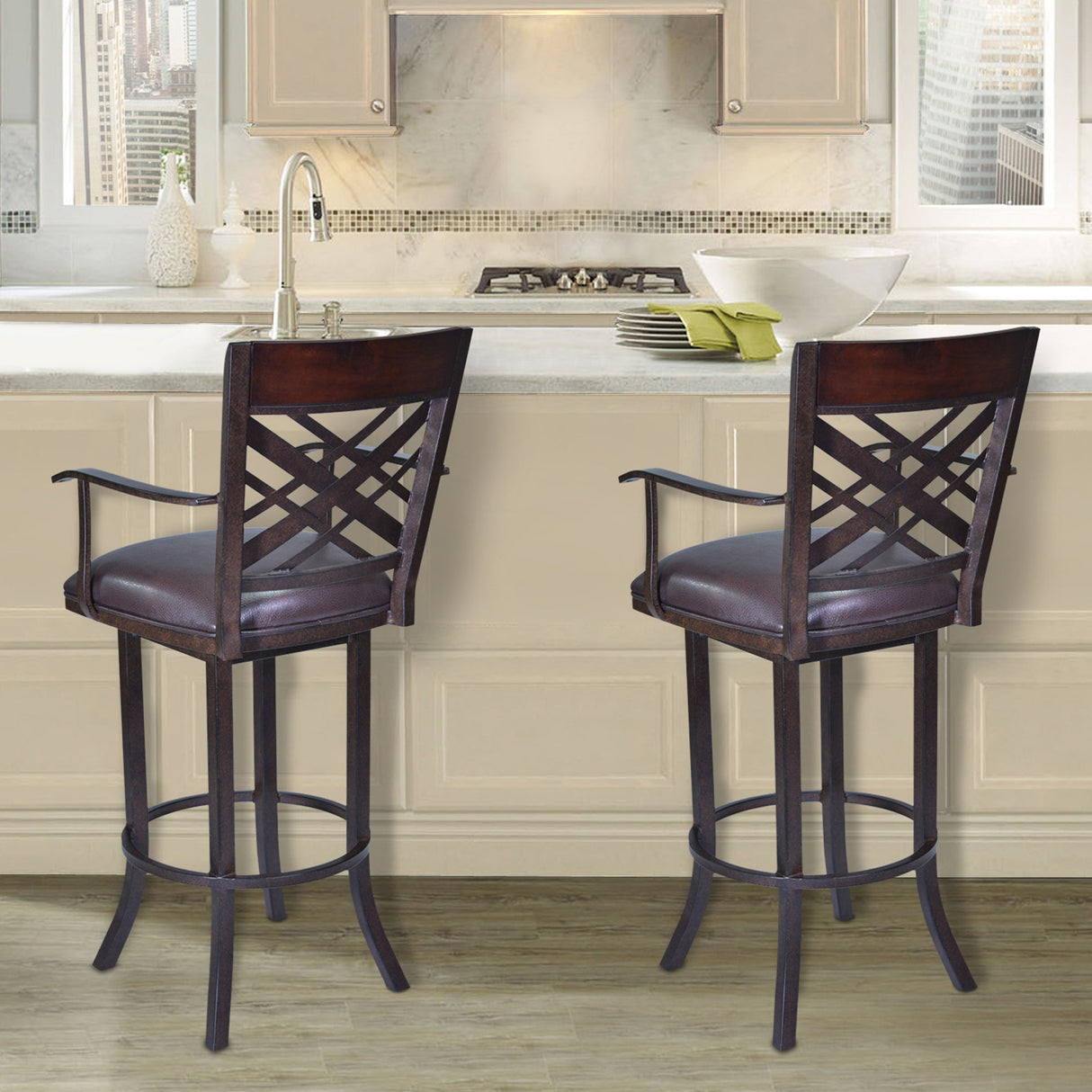 Tahiti Transitional Swivel Barstool in Auburn Bay with Faux Leather for Stylish Home Comfort