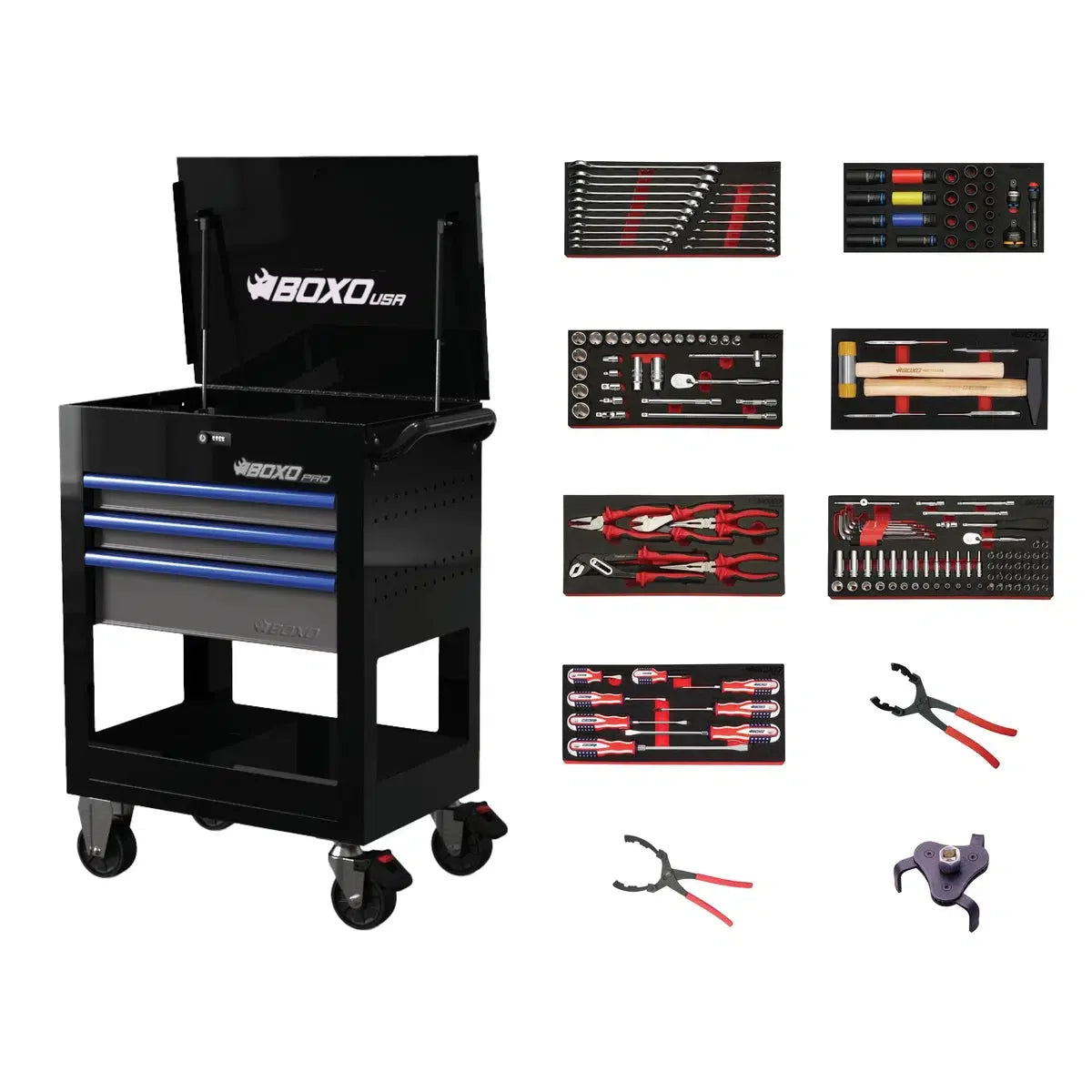 Boxo Pro Series | 28" 3-Drawer Flip-Top Service Cart with Quick Service Master Tool Set