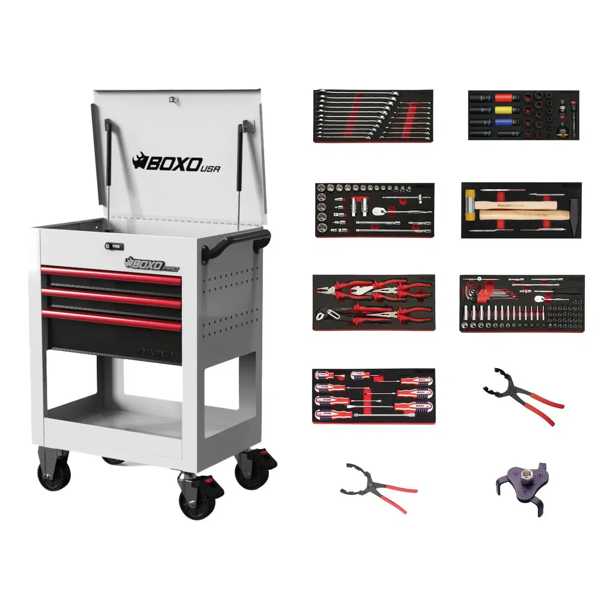 Boxo Pro Series | 28" 3-Drawer Flip-Top Service Cart with Quick Service Master Tool Set