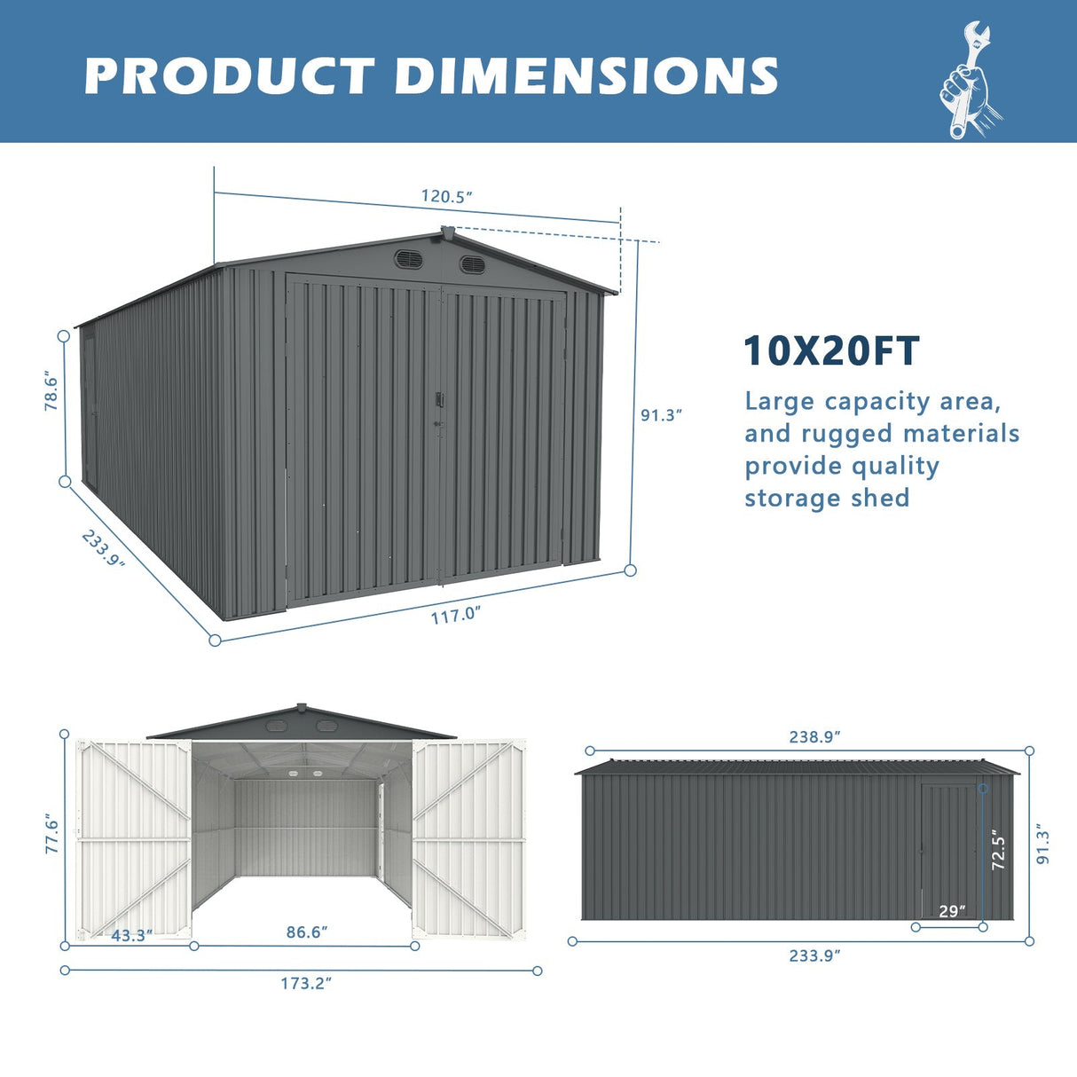10'x20' Metal Garage Shed with Double Front Doors, Side Entry Door