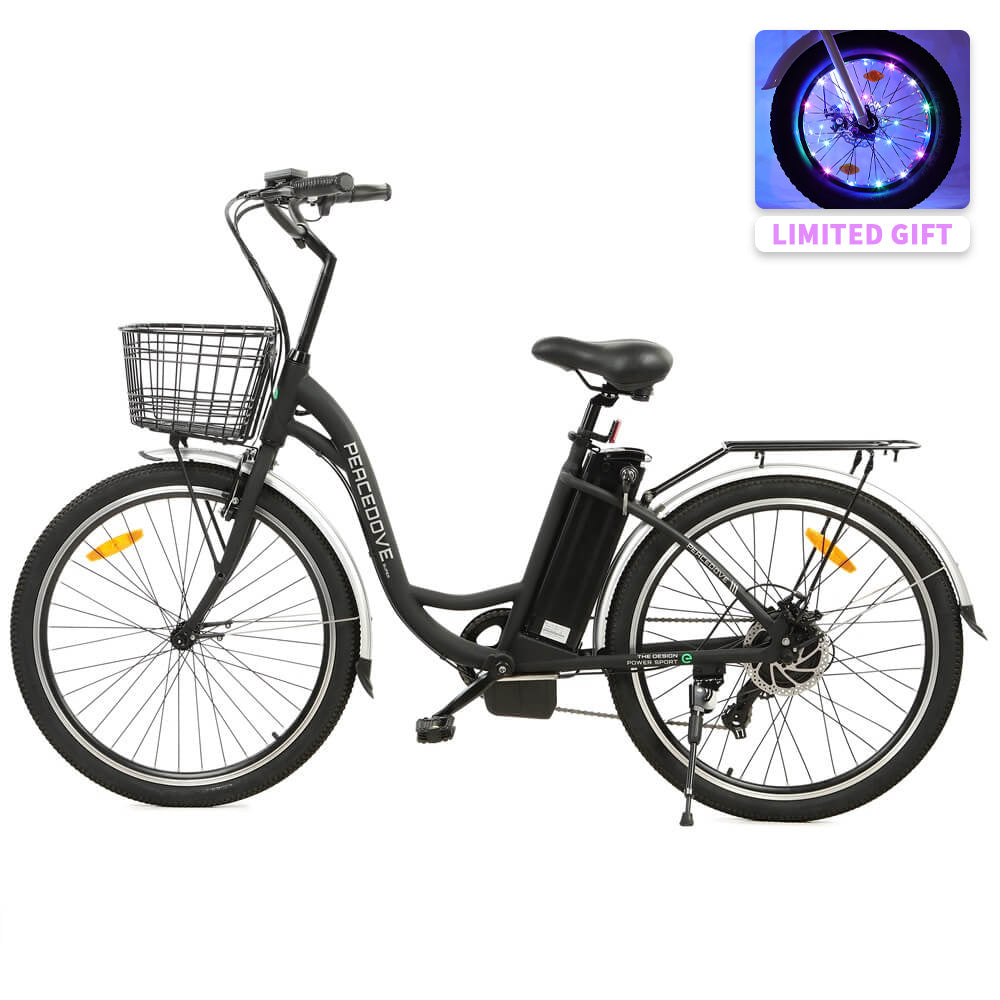 Ecotric 26inch Black Peacedove Electric City Bike With Basket And Rear Rack