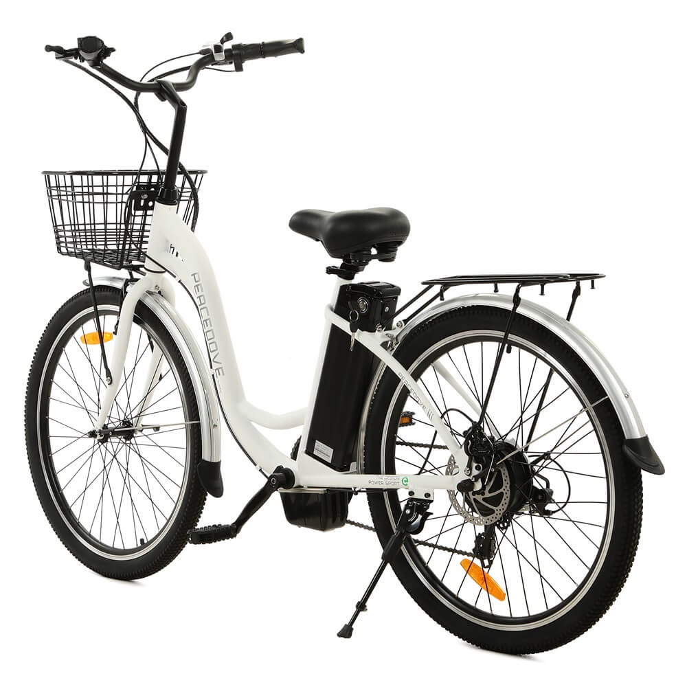 Ecotric 26inch White Peacedove Electric City Bike With Basket And Rear Rack