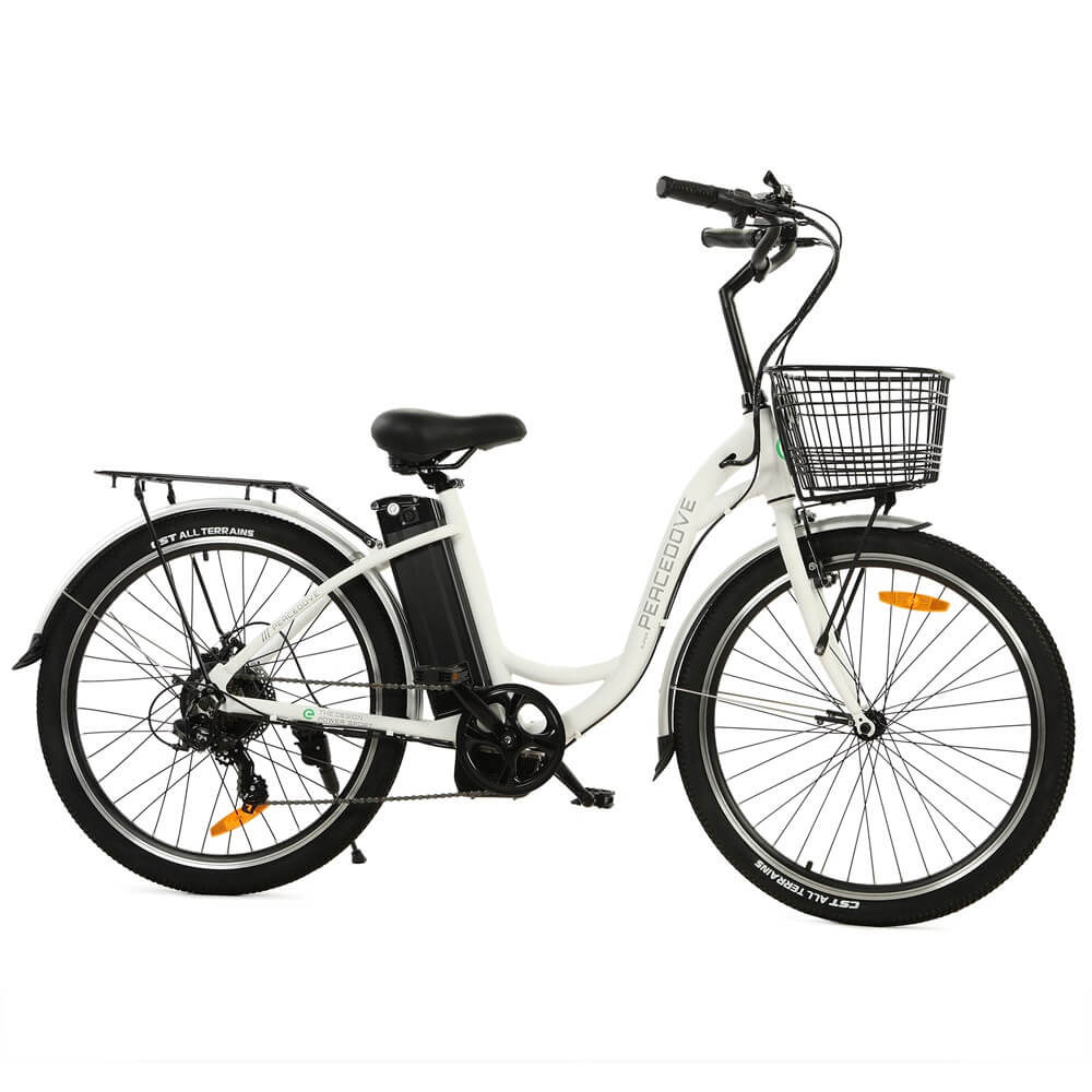 Ecotric 26inch White Peacedove Electric City Bike With Basket And Rear Rack