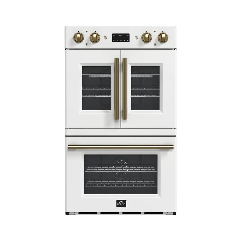 FORNO Asti 30" 7.36 cu. ft. French Door Double Electric Wall Oven with Air Fry, Self-Clean and Sous Vide in White with Antique Brass Accents, FBOEL1340-30WHT