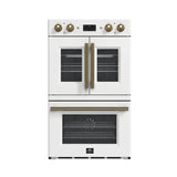 FORNO Asti 30" 7.36 cu. ft. French Door Double Electric Wall Oven with Air Fry, Self-Clean and Sous Vide in White with Antique Brass Accents, FBOEL1340-30WHT