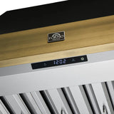 FORNO Vittorio 36" 600 CFM Wall Mount Range Hood in Black and Antique Brass Trim with Remote Control, FRHWM5078-36BLK