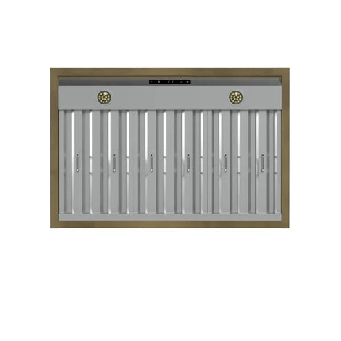 FORNO Vittorio 36" 600 CFM Wall Mount Range Hood in Black and Antique Brass Trim with Remote Control, FRHWM5078-36BLK