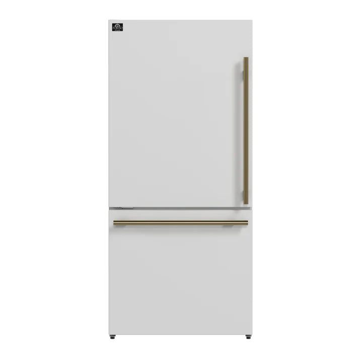 FORNO Espresso Milano 31" 17.2 cu. ft. Left Swing Refrigerator and Bottom Freezer with Ice Maker in White and Antique Brass Handles, FFFFD1786-31WHT