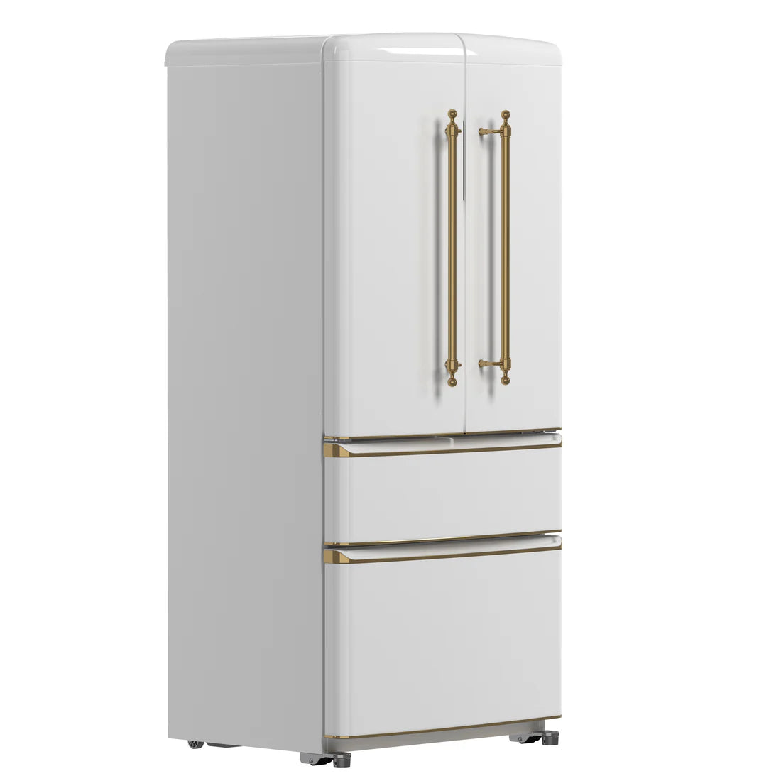 FORNO Espresso Luigi 33" 18 cu. ft. French Door Refrigerator in White with Antique Brass Handles, FFFFD1791-33WHT