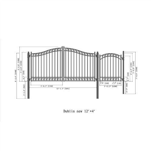 Aleko Steel Dual Swing Driveway Gate - DUBLIN Style - 12 ft with Pedestrian Gate - 5 ft