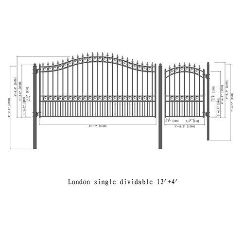 Aleko Steel Single Swing Driveway Gate - LONDON Style - 12 ft with Pedestrian Gate - 5 ft