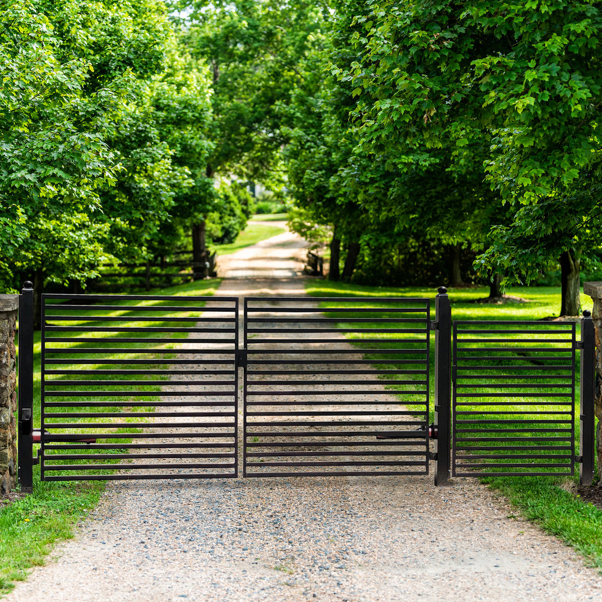 Aleko Steel Dual Swing Driveway Gate - MILAN Style - 12 ft with Pedestrian Gate - 5 ft