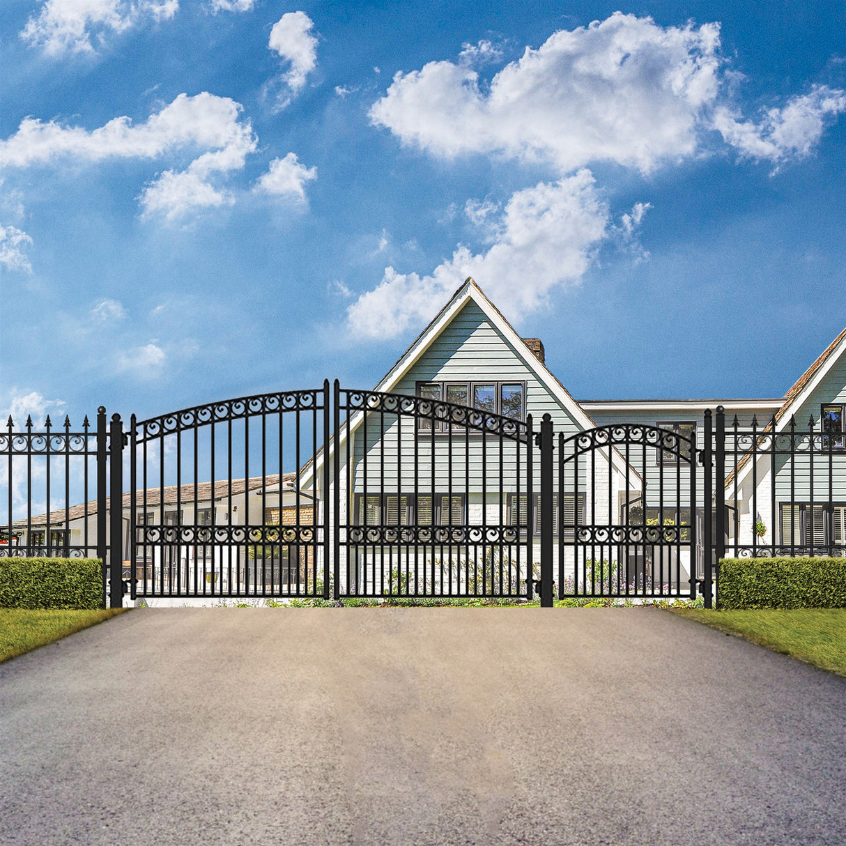 Aleko Steel Dual Swing Driveway Gate - PARIS Style - 12 ft with Pedestrian Gate - 5 ft