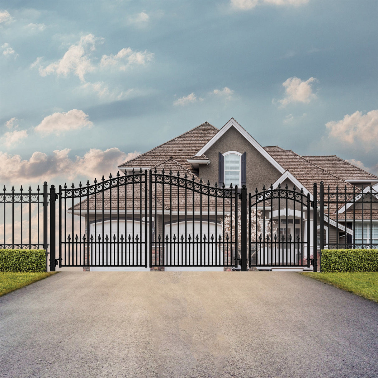 Aleko Steel Dual Swing Driveway Gate - PRAGUE Style - 12 ft with Pedestrian Gate - 5 ft