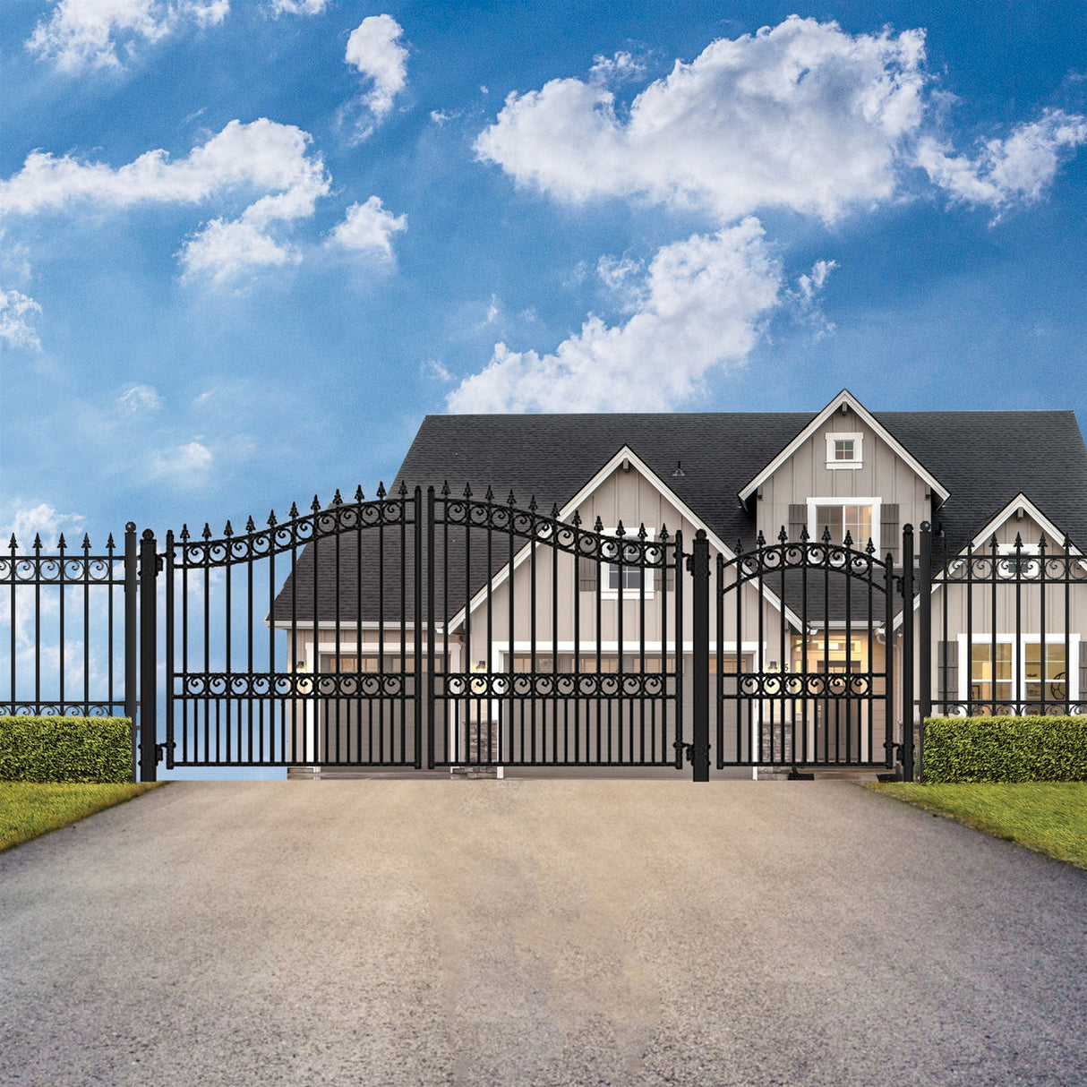 Aleko Steel Dual Swing Driveway Gate - LONDON Style - 14 ft with Pedestrian Gate - 5 ft