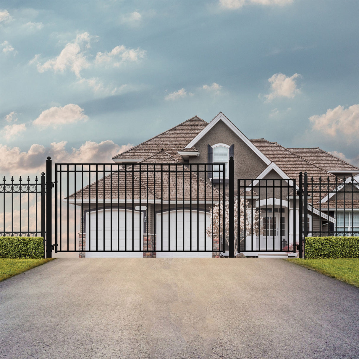 Aleko Steel Single Swing Driveway Gate - MADRID Style - 14 ft with Pedestrian Gate - 5 ft
