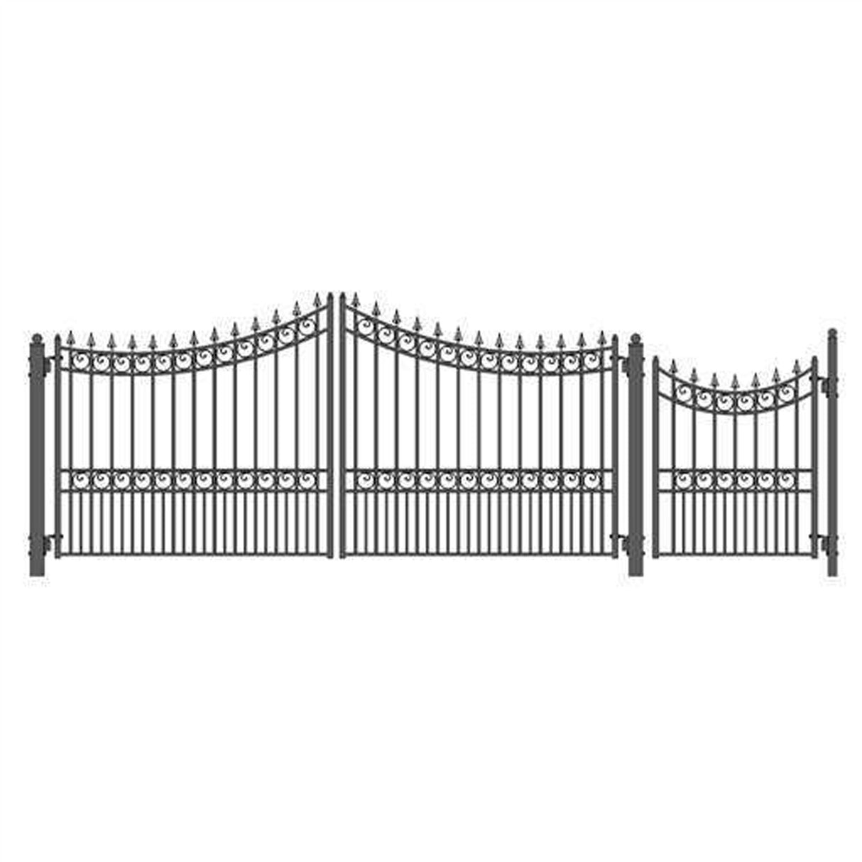 Aleko Steel Dual Swing Driveway Gate - MANHATTAN Style - 14 ft with Pedestrian Gate - 5 ft